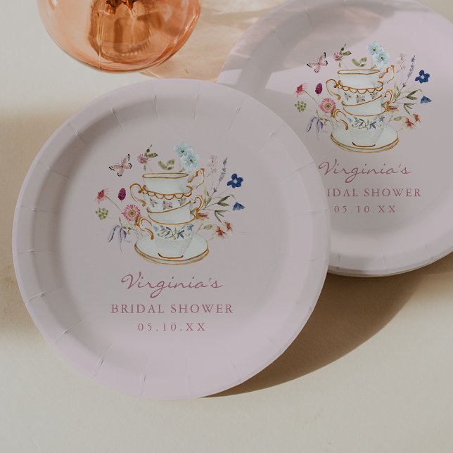 Pink Tea Party Paper Plate (Pink Tea Party Paper Plates with Butterfly by Painted Paperie
)