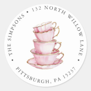 Pink Tea Party Return Address Classic Round Sticker