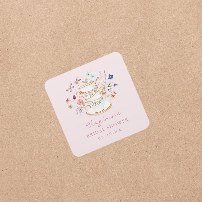 Pink Tea Party  Square Sticker (Pink Tea Party Square Sticker by Painted Paperie
)