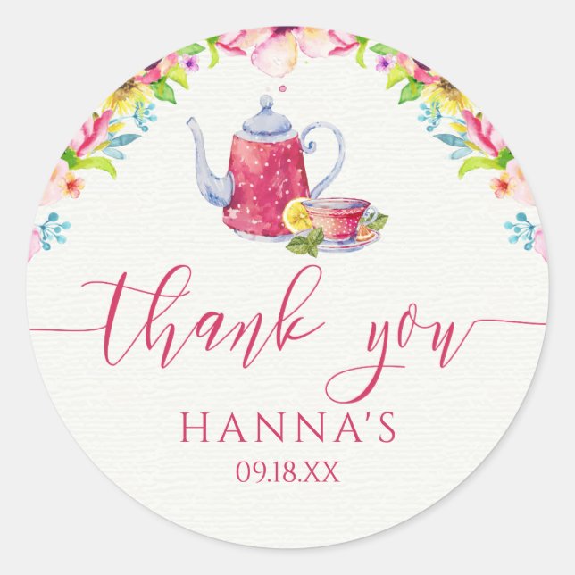 Pink Tea Party Thank You Stickers (Front)