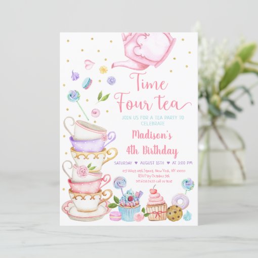 Pink Tea Party Time Four Tea Birthday Invitation | Zazzle