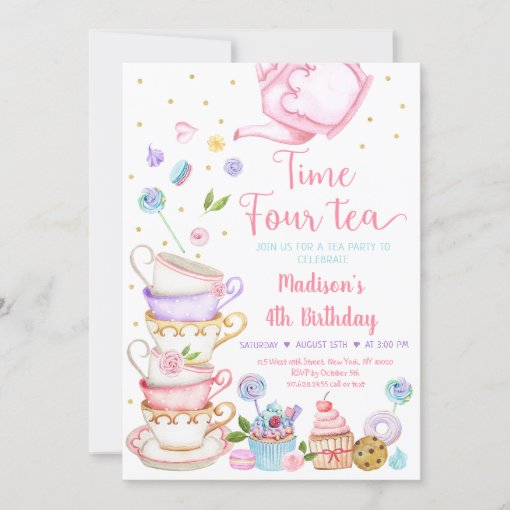 Pink Tea Party Time Four Tea Birthday Invitation | Zazzle