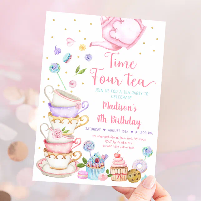 Pink Tea Party Time Four Tea Birthday Invitation | Zazzle