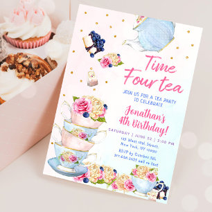 Pink Tea Party Time Four Tea Birthday Invitation