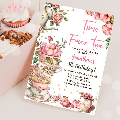 Pink Tea Party Time Four Tea Birthday Invitation