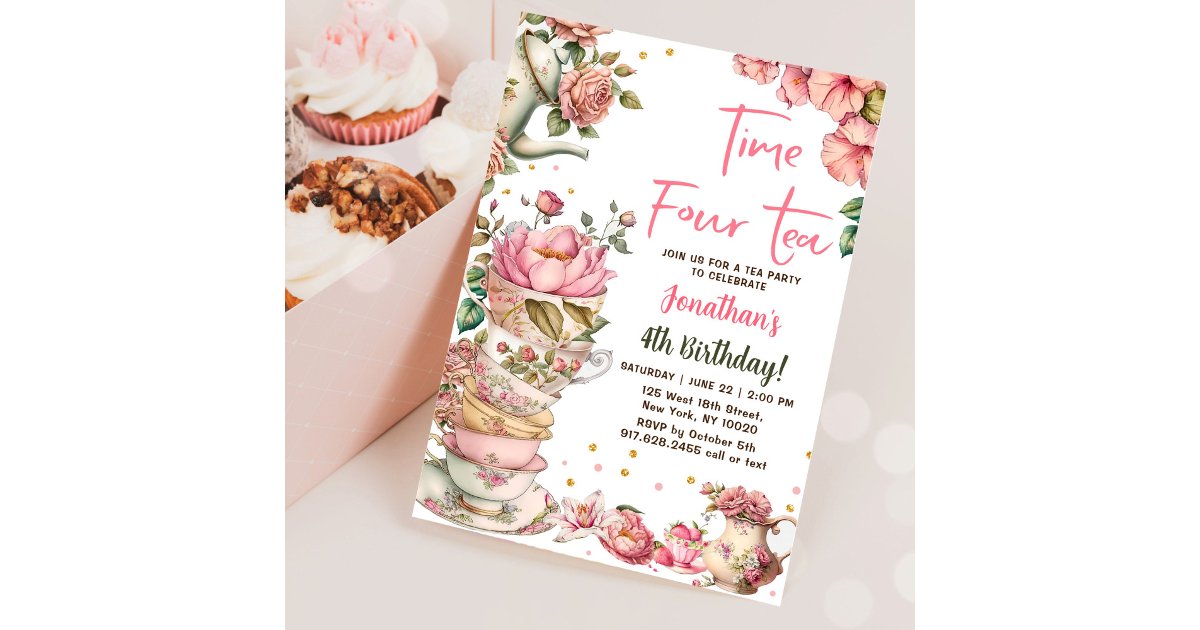Time Four Tea Invitation Pink Tea Party Time Four Tea Birthday Invitation | Zazzle
