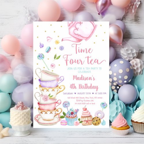 Pink Tea Party Time Four Tea Birthday Invitation