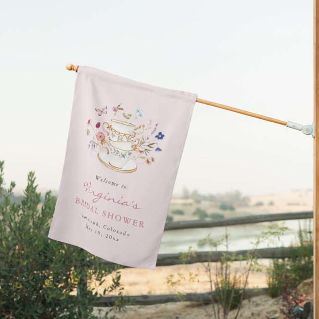 Pink Tea Party Welcome House Flag (Insitu (Back))