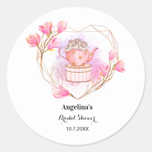 Pink Tea Pot Bridal Shower Rose Gold Floral Classic Round Sticker