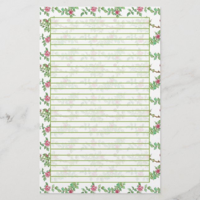 Pink Tea Rose Watercolor Flowers Lined Stationery (Front)