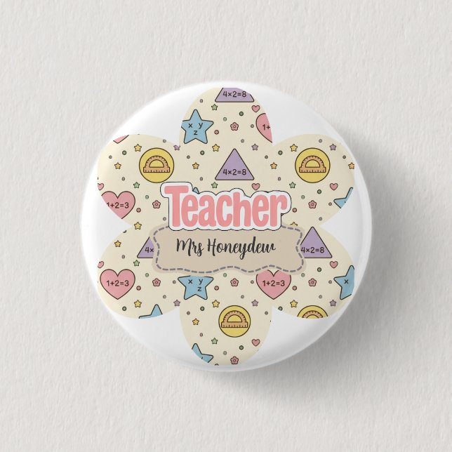 Pink Teacher Math Shapes Pattern  Button (Front)