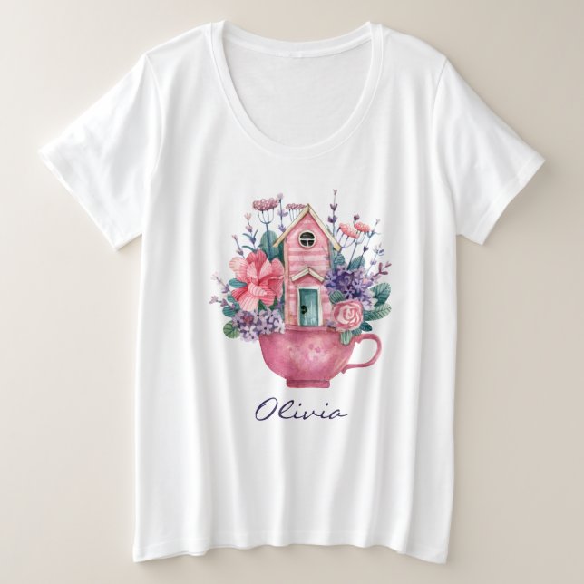 Pink Teacup Fairytale House Womens White Plus Size T-Shirt (Design Front)