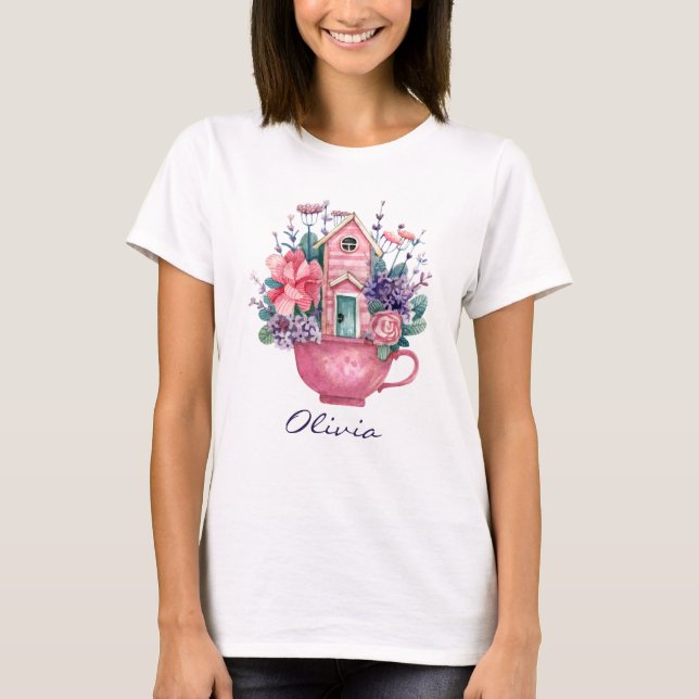 Pink Teacup Fairytale House Womens White T-Shirt (Front)