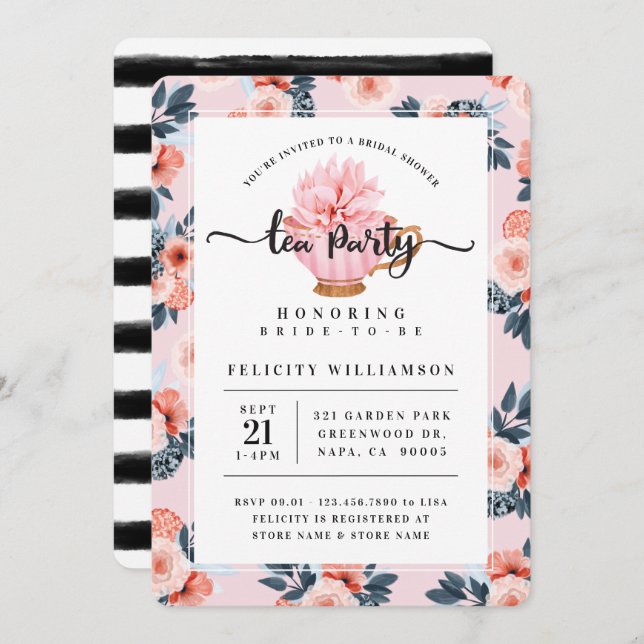 Pink Teacup Tea Party Bridal Shower Invitation (Front/Back)