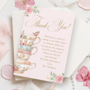 Pink Teacups Floral Tea Party Baby Shower Thank You Card