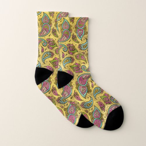 Pink Teal and Blue Glass Paisley  on gold Socks