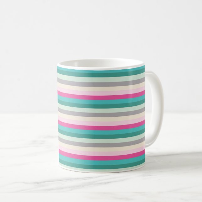 Pink Teal and Grey Striped Coffee Mug (Front Right)