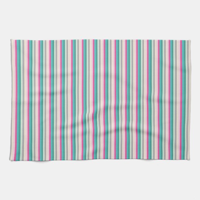 Pink Teal and Grey Striped Kitchen Towel (Horizontal)