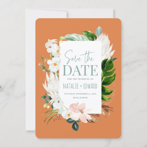 Pink teal and orchid tropical floral save the date