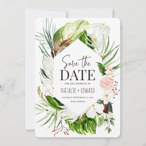 Pink teal and orchid tropical floral save the date