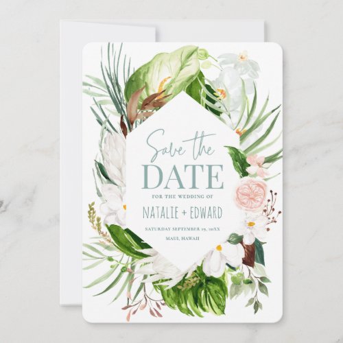 Pink teal and orchid tropical floral save the date