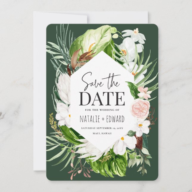Pink, teal and orchid tropical floral save the date (Front)