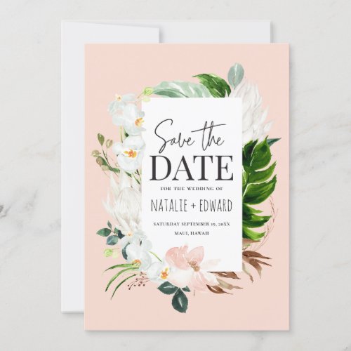 Pink teal and orchid tropical floral save the date