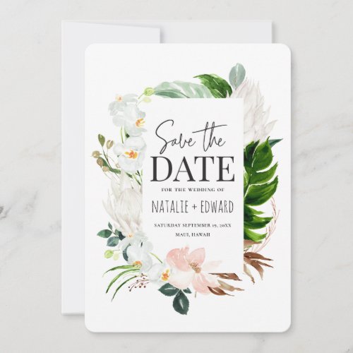 Pink teal and orchid tropical floral save the date