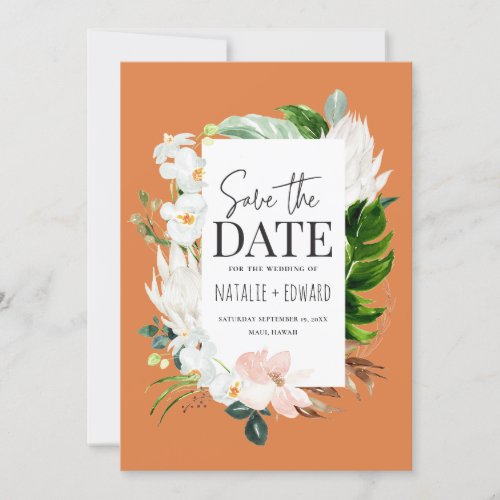 Pink teal and orchid tropical floral save the date