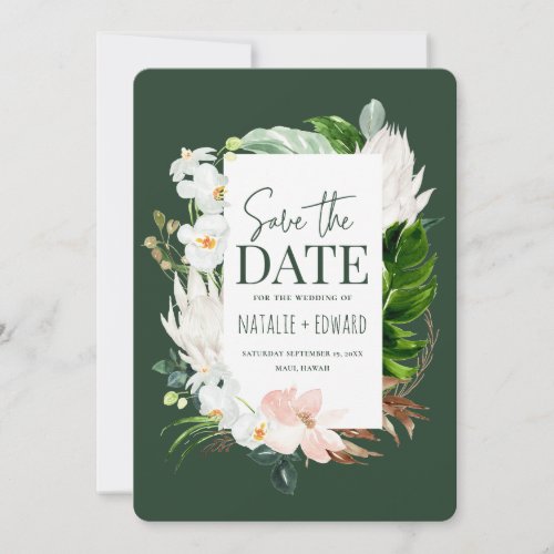 Pink teal and orchid tropical floral save the date