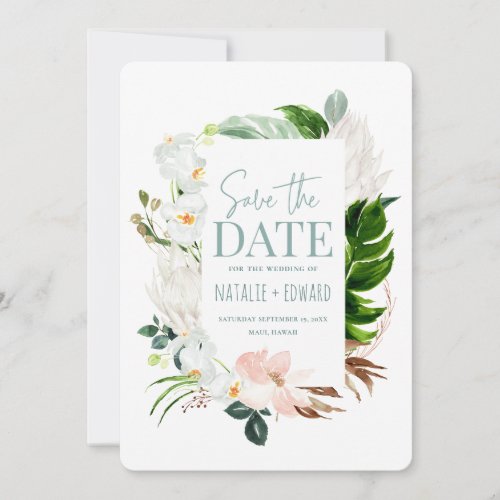 Pink teal and orchid tropical floral save the date