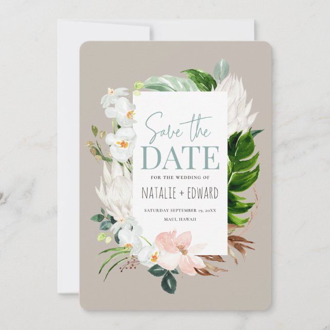 Pink, teal and orchid tropical floral save the date (Front)