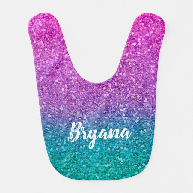 Pink Teal Aqua Blue & Purple Sparkly Glitter Baby Bib (Front)