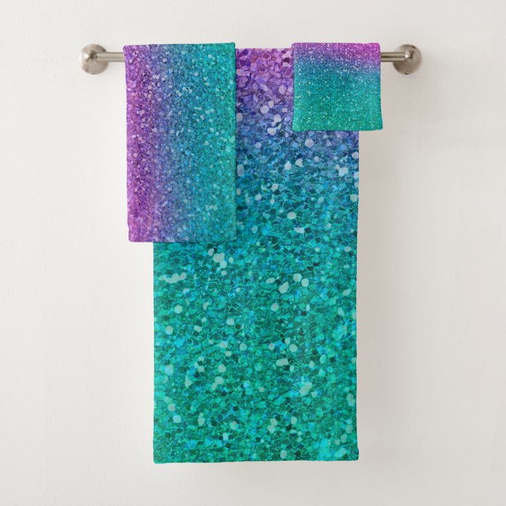 Pink Teal Aqua Blue & Purple Sparkly Glitter Bath Towel Set Zazzle