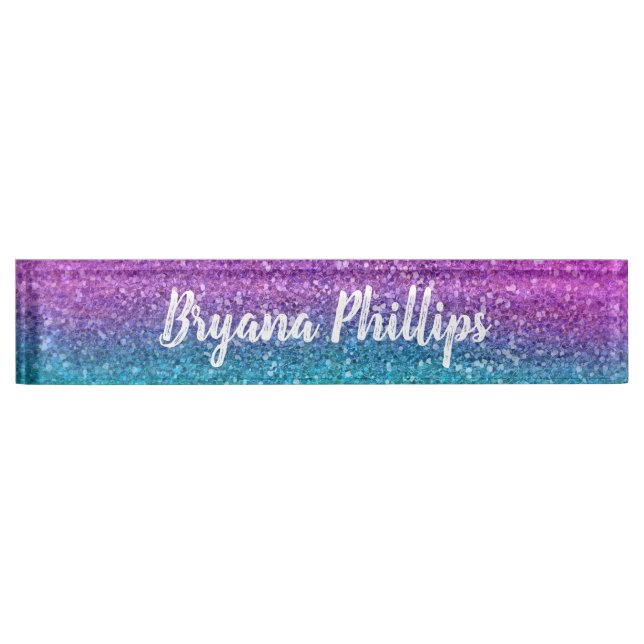 Pink Teal Aqua Blue & Purple Sparkly Glitter Desk Name Plate (Front)