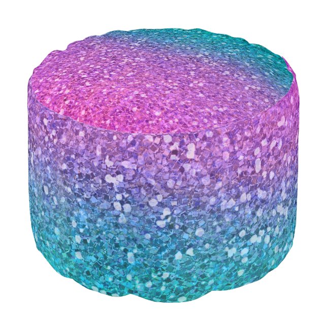Pink Teal Aqua Blue & Purple Sparkly Glitter Pouf (Angled Front)