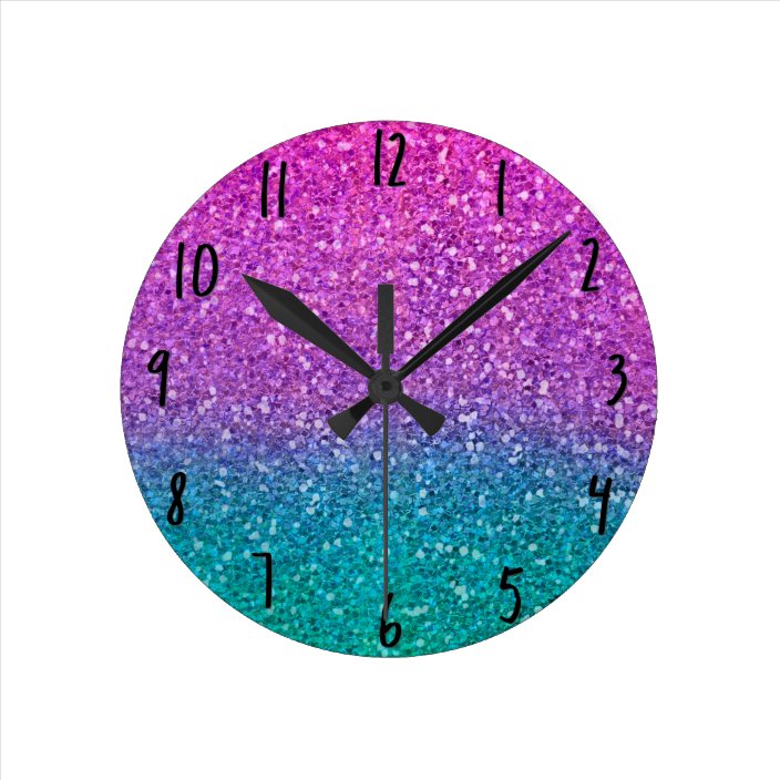 Pink Teal Aqua Blue & Purple Sparkly Glitter Round Clock | Zazzle.com