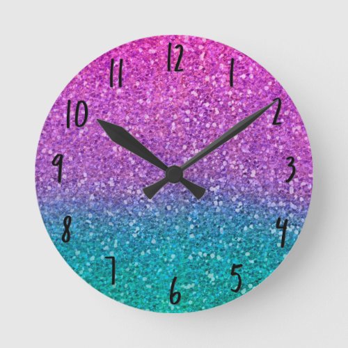 Pink Teal Aqua Blue  Purple Sparkly Glitter Round Clock