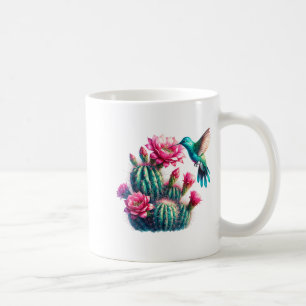 Pink Teal Aqua Cactus Bloom Hummingbird For Women Coffee Mug