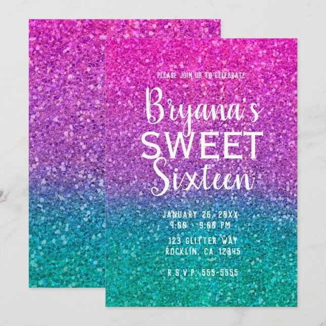 Pink Teal Aqua  & Purple Sparkly Glitter Sweet 16 Invitation (Front/Back)