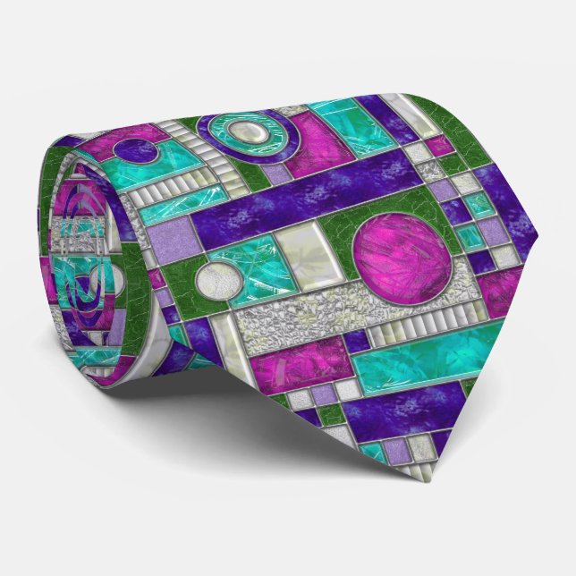 Pink Teal Art Deco Stained Glass Neck Tie (Rolled)