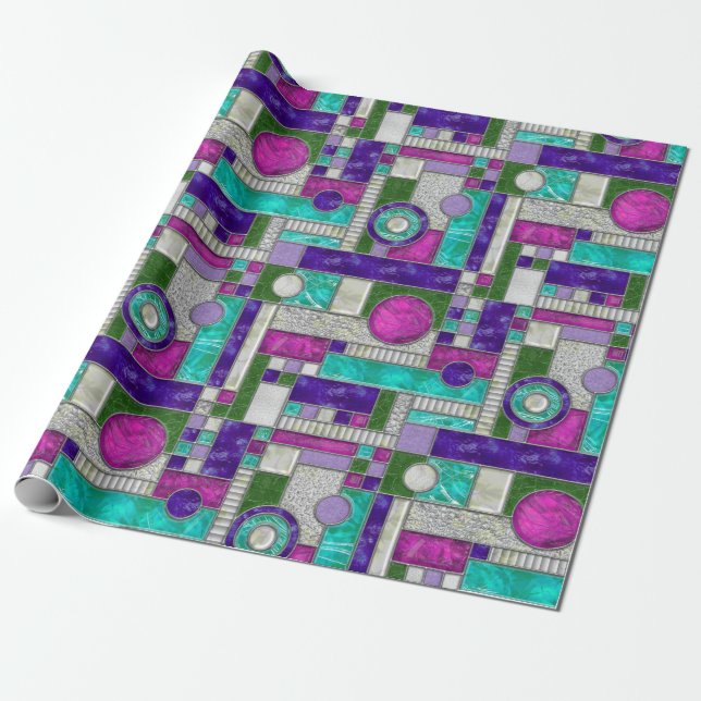 Pink Teal Art Deco Stained Glass Wrapping Paper (Unrolled)