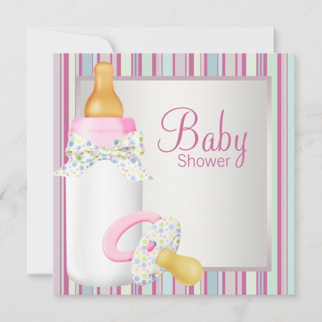 Pink Teal Baby Bottle Pacifier Baby Girl Shower Invitation (Front)