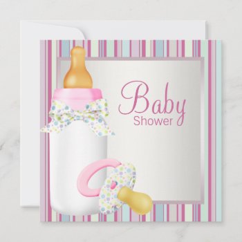 Pink Teal Baby Bottle Pacifier Baby Girl Shower Invitation by BabyCentral at Zazzle