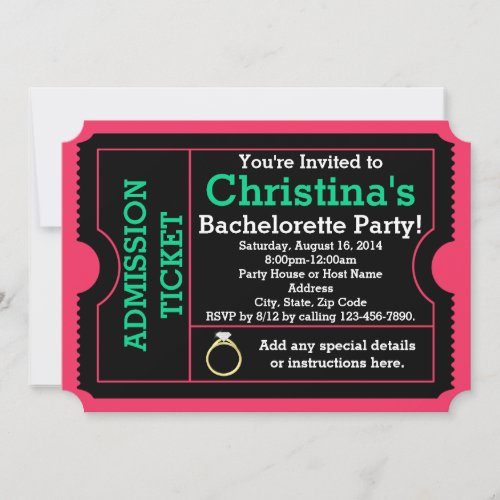 Pink/Teal Bachelorette Party Ticket Invitation