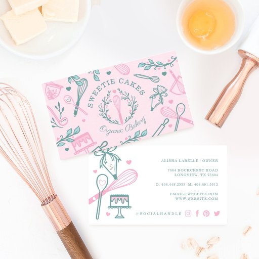 Customizable Pink &amp; Teal Baking &amp; Cooking Utensil Bakery Business Card