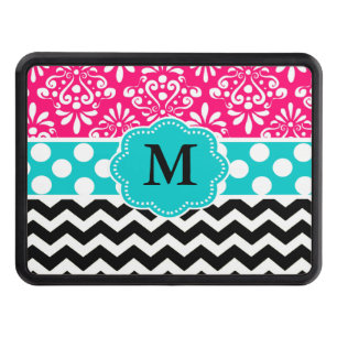 Pink Teal Black Chevron Damask Monogram Trailer Hitch Cover