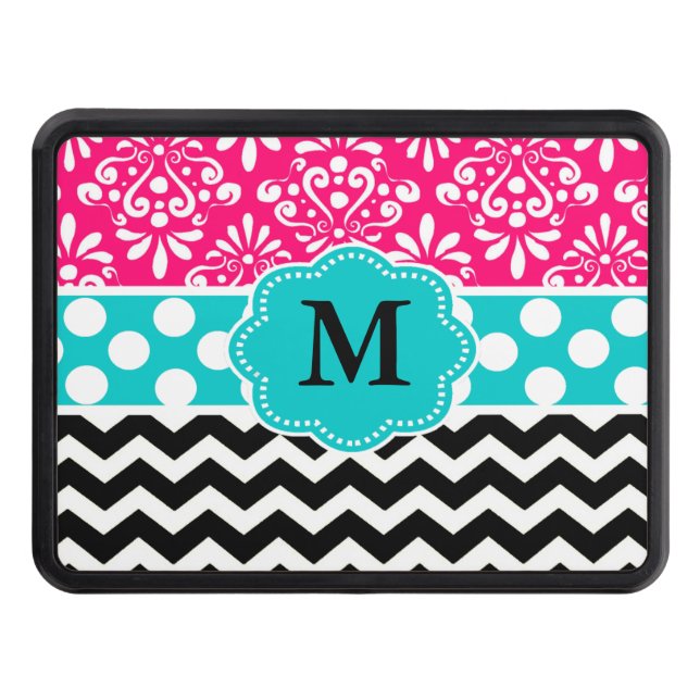 Pink Teal Black Chevron Damask Monogram Trailer Hitch Cover (Front)