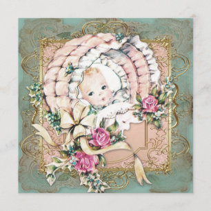 Pink Teal Blue and Gold Vintage Girl Baby Shower Invitation