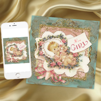 Pink Teal Blue And Gold Vintage Girl Baby Shower Invitation by The_Vintage_Boutique at Zazzle